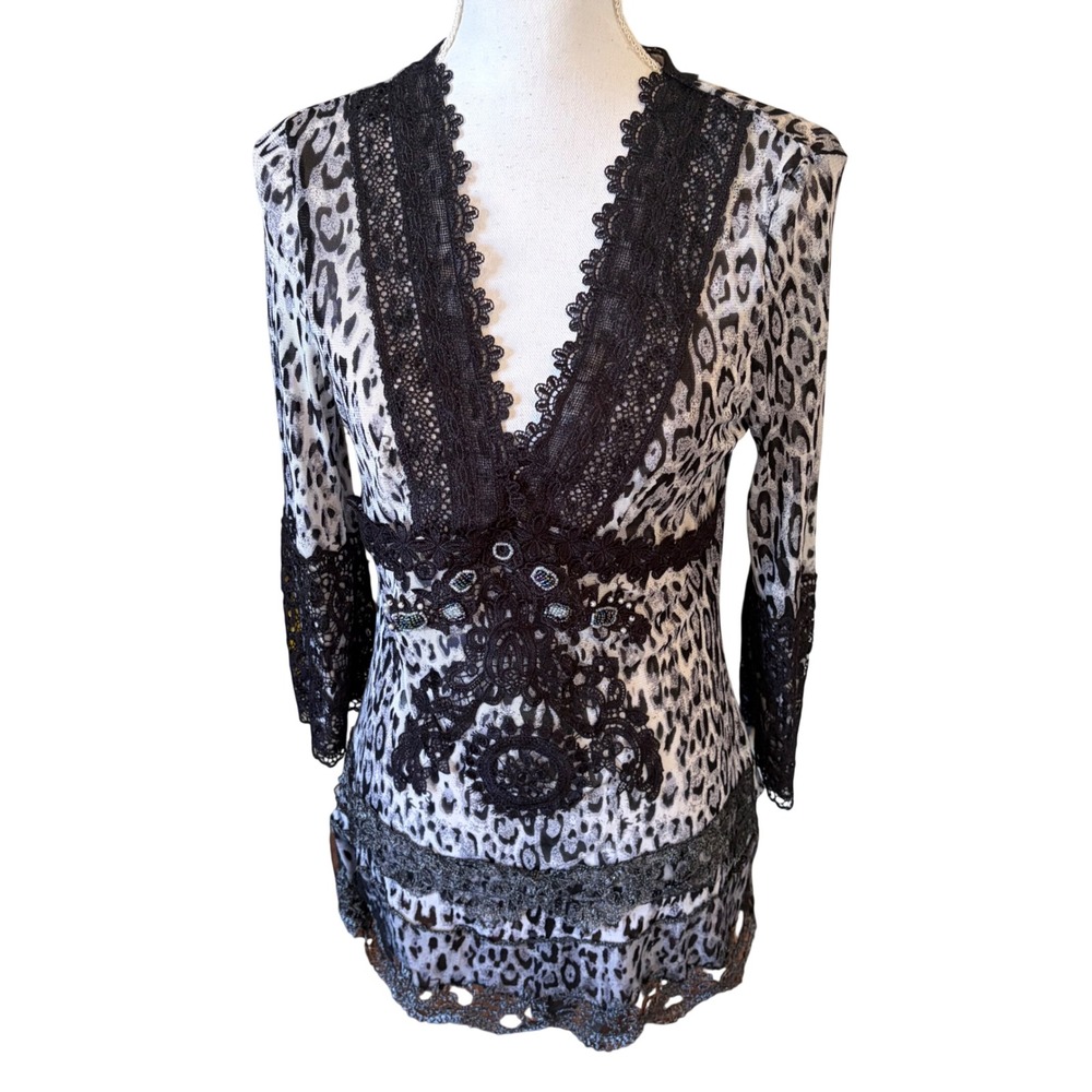 Y2K Leopard Print Lace Beaded Semi Sheer Top XL Whimsigoth Fairycore Gothic